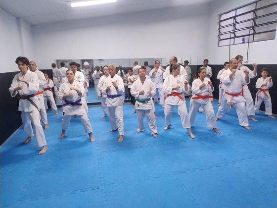 Turma em posição de guarda durante o kihon, no tatame do CEE Cambuci